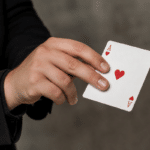 Magician preparing to throw a playing card with proper grip | magic trick collection