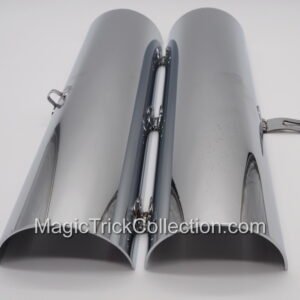 The Sherms Genii Tube interior is displayed, closed and then the magician produces a considerable quantity of silks, streamers, flags, or similar.