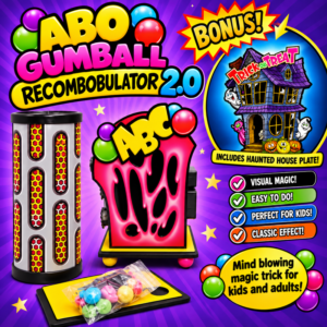 Colorful toy packaging for 'ABC Gumball Recombobulator 2.0' with a pink bubbling machine, gumballs, and a bonus haunted-house graphic.