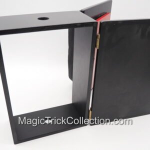 Open black wooden magic prop box with a square frame on the left and a hinged door on the right; watermark MagicTrickCollection.com across the bottom.