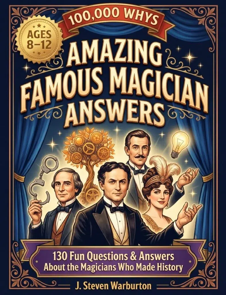 Front cover of Amazing Famous Magician Answers for Kids by J. Steven Warburton, a magic history book for kids ages 8 to 12
