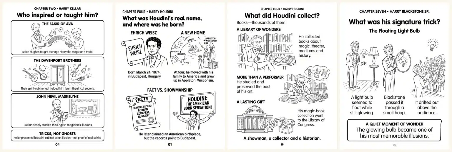 Four sample pages from Amazing Famous Magician Answers for Kids: Harry Kellar, Houdini’s real name, Houdini’s book collection, and Blackstone’s floating light bulb