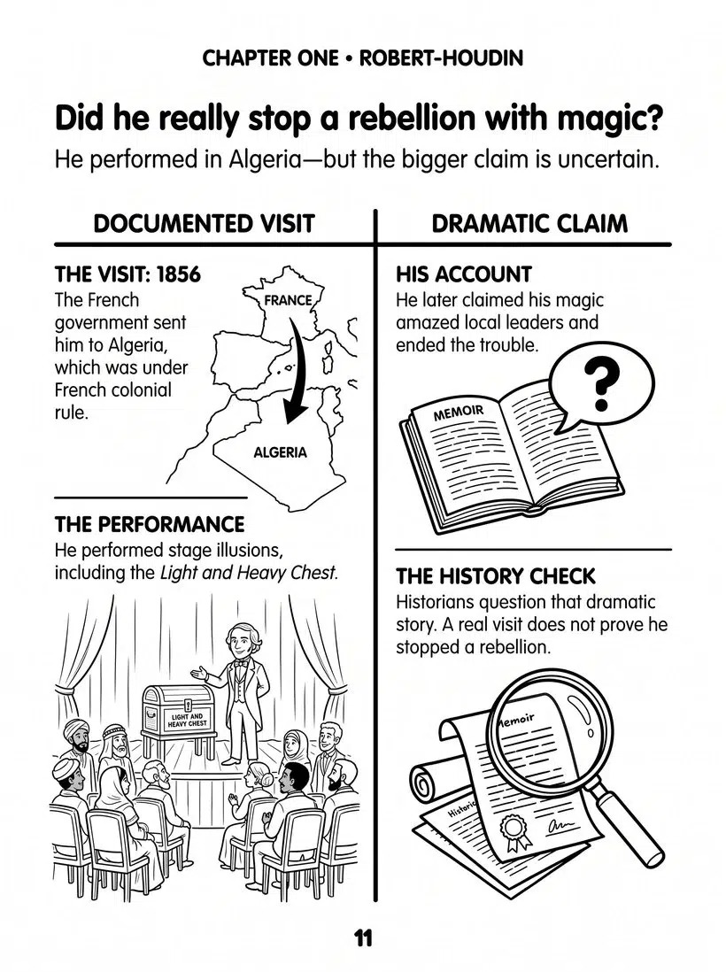 Sample page from Amazing Famous Magician Answers for Kids titled Did he really stop a rebellion with magic, showing the documented visit, his dramatic claim and the History Check