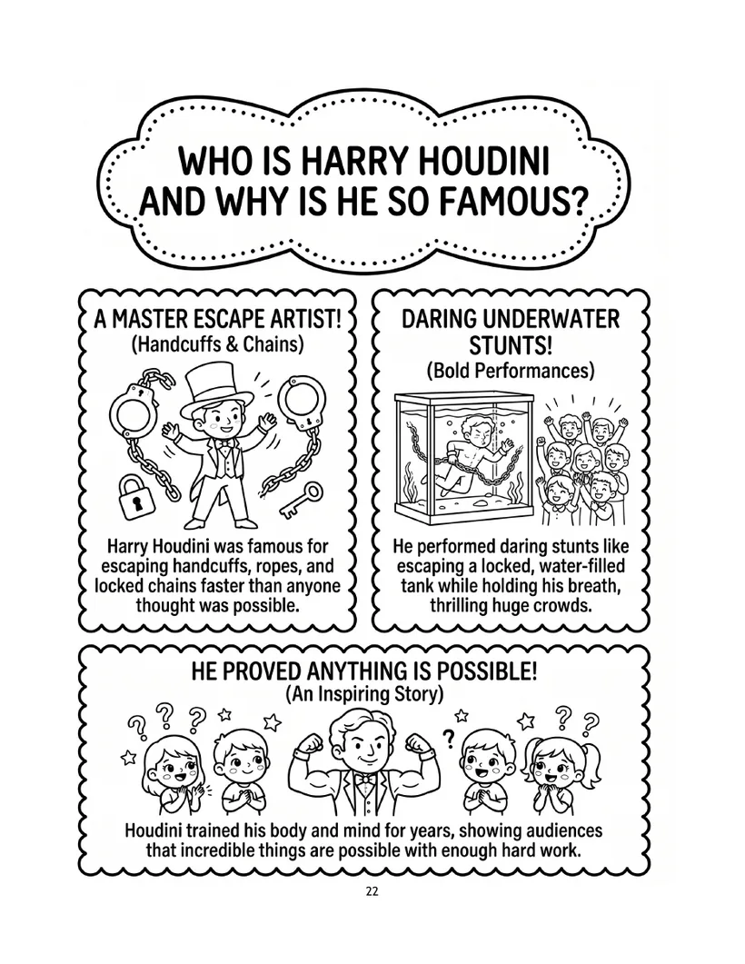 Sample page from Amazing Magic Trick Answers for Kids titled Who is Harry Houdini and why is he so famous, with three answer panels: a master escape artist, daring underwater stunts and he proved anything is possible
