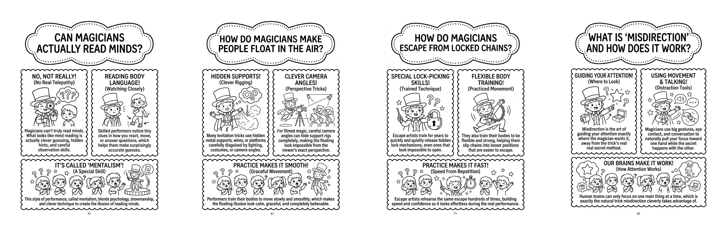 Four sample pages from Amazing Magic Trick Answers for Kids: Can magicians actually read minds, How do magicians make people float in the air, How do magicians escape from locked chains, and What is misdirection and how does it work